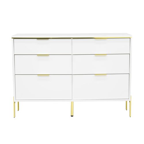 Commode Moderne 120x40x85,5 Cm, 6 Tiroirs Avec Poignées Dorées, Panneaux De Particules, Blanc