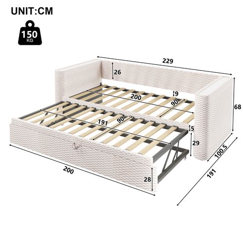 Lit Gigogne 90x200 Cm, Convertible En 180x200 Cm, 2 En 1, Bande LED, Velours, Mdf, Beige