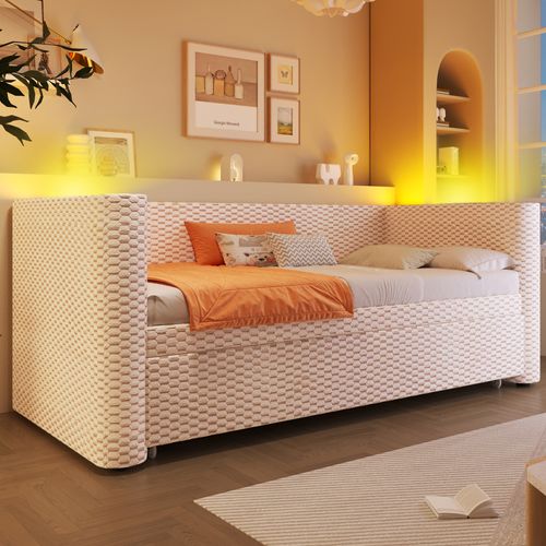 Lit Gigogne 90x200 Cm, Convertible En 180x200 Cm, 2 En 1, Bande LED, Velours, Mdf, Beige