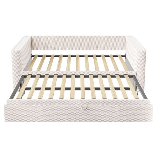 Lit Gigogne 90x200 Cm, Convertible En 180x200 Cm, 2 En 1, Bande LED, Velours, Mdf, Beige