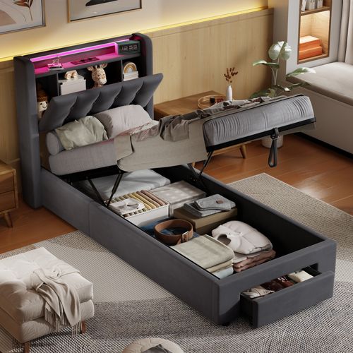 Lit Coffre Gris 90x190cm Avec LED, USB Et Tiroir, Tête De Lit Avec Rangement, Velours Et Bois