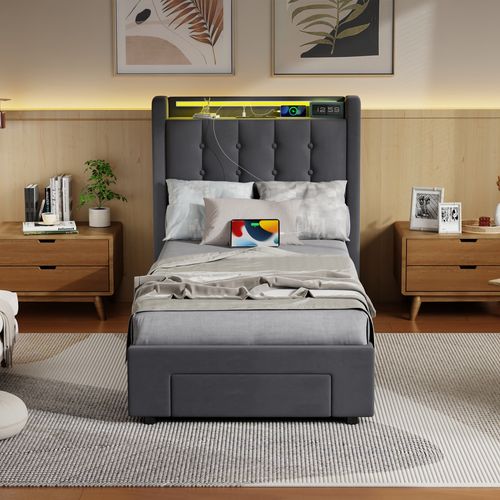 Lit Coffre Gris 90x190cm Avec LED, USB Et Tiroir, Tête De Lit Avec Rangement, Velours Et Bois