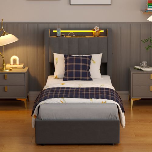 Lit Coffre Gris 90x190cm Avec LED, USB, Tête De Lit Avec Rangement, Velours Et Bois