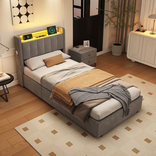Lit Coffre Gris 90x190cm Avec LED, USB, Tête De Lit Avec Rangement, Velours Et Bois