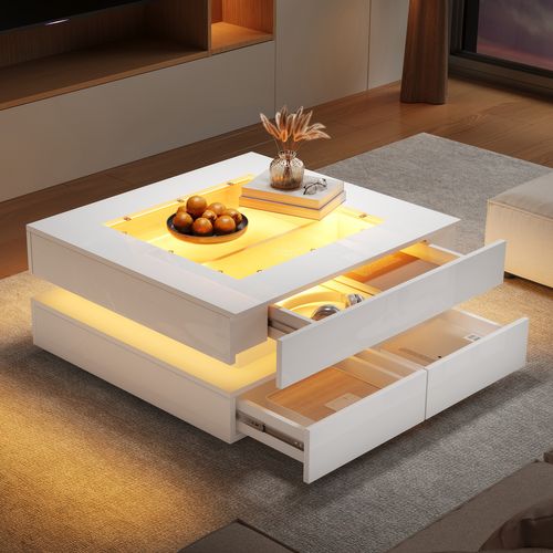 Table Basse Carrée 70x70x35 Cm, LED Pilotable, 3 Tiroirs, Verre Trempé, Panneau De Particules, Blanc