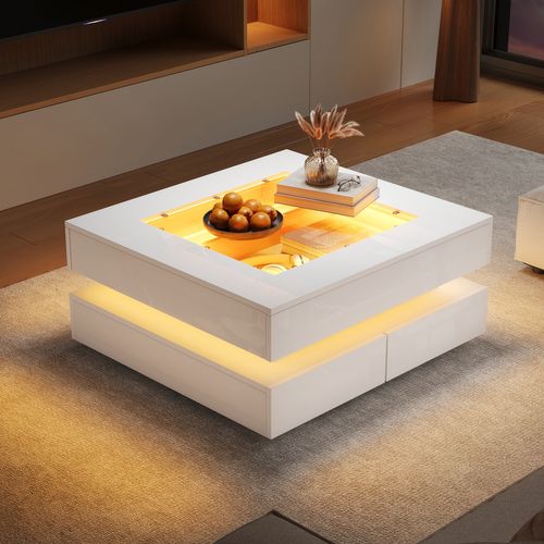 Table Basse Carrée 70x70x35 Cm, LED Pilotable, 3 Tiroirs, Verre Trempé, Panneau De Particules, Blanc