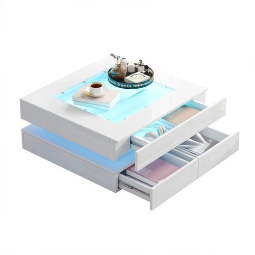 Table Basse Carrée 70x70x35 Cm, LED Pilotable, 3 Tiroirs, Verre Trempé, Panneau De Particules, Blanc