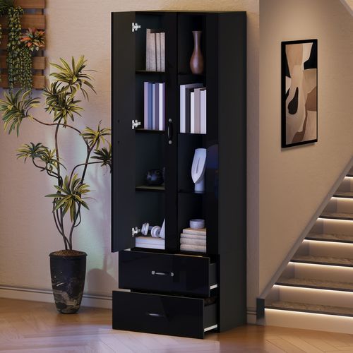 Vitrine LED 60x35x182,5 Cm, 2 Portes En Acrylique Et Verre, 2 Tiroirs, Panneau De Particules, Noir