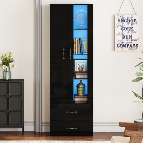 Vitrine LED 60x35x182,5 Cm, 2 Portes En Acrylique Et Verre, 2 Tiroirs, Panneau De Particules, Noir