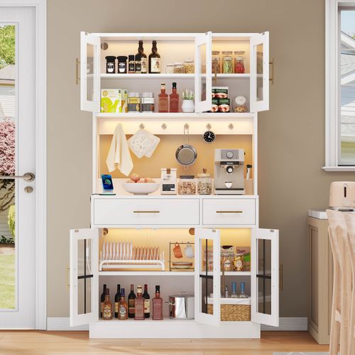 Buffet De Cuisine 100x40x180 Cm, Bande LED Multicolore Commandée Par Application, Prise, Mdf, Blanc