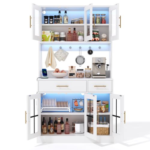 Buffet De Cuisine 100x40x180 Cm, Bande LED Multicolore Commandée Par Application, Prise, Mdf, Blanc