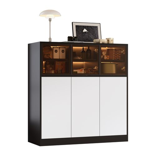 Buffet 100x40x105 Cm, 6 Portes Avec LED 24 Couleurs, Verre Et Panneaux De Particules, Noir Et Blanc