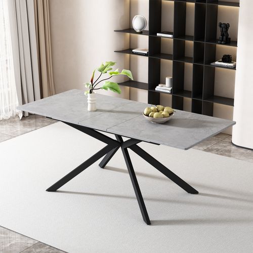 Table Extensible 150/180x70x76 Cm, Plateau Rectangulaire, Mdf Motif Ciment, Pied Croisé, Noir+gris