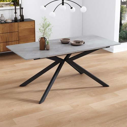 Table Extensible 150/180x70x76 Cm, Plateau Rectangulaire, Mdf Motif Ciment, Pied Croisé, Noir+gris