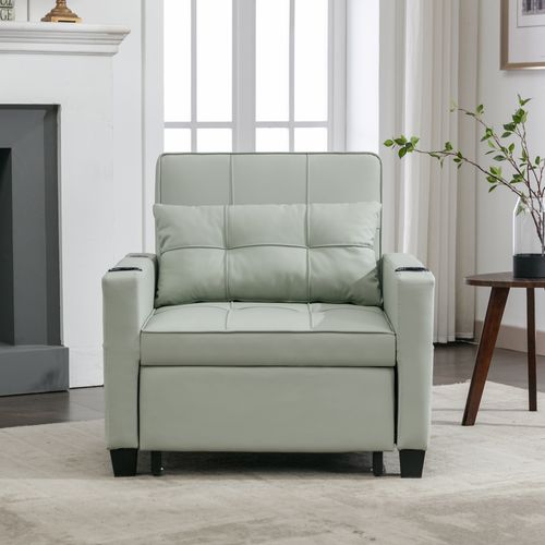 Fauteuil Convertible 87x74-137x84 Cm, 3 En 1 Inclinable 3 Positions, Bois Et Métal, Vert Clair
