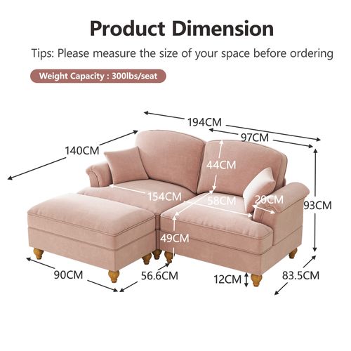 Canapé Modulable 2 Places 194x140x93 Cm, 2 Styles Avec Jupe Amovible, Chenille, Rose