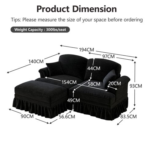 Canapé Modulable 194x140x93 Cm, 2 Places, 2 Styles Avec Jupe Amovible, Pouf, Chenille, Couleur Noir