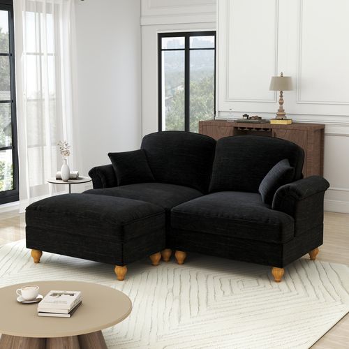 Canapé Modulable 194x140x93 Cm, 2 Places, 2 Styles Avec Jupe Amovible, Pouf, Chenille, Couleur Noir