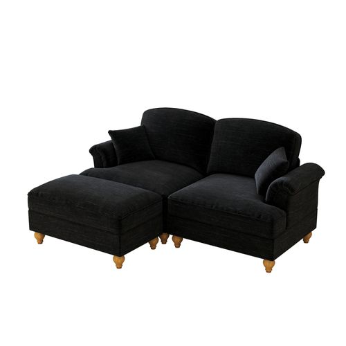 Canapé Modulable 194x140x93 Cm, 2 Places, 2 Styles Avec Jupe Amovible, Pouf, Chenille, Couleur Noir