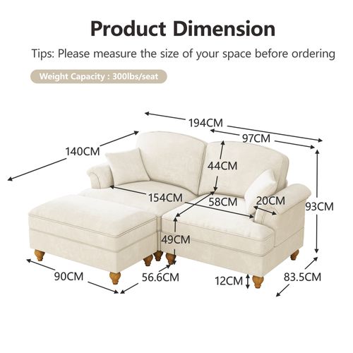 Canapé Modulable 2 Places, 194x140x93 Cm, 2 Styles Avec Jupe Amovible, Chenille, Couleur Blanc