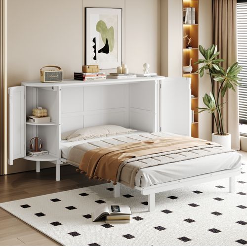 Lit Double 140x200 Cm, Gain De Place Avec Rangements Et Portes En Rotin, Bois, Couleur Blanc+bois