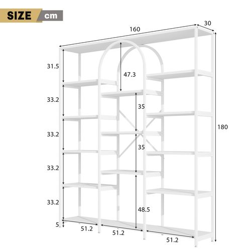 Étagère 160x30x180 Cm, Design Moderne Avec Arche, Structure Métal Et Panneaux Mdf, Blanche