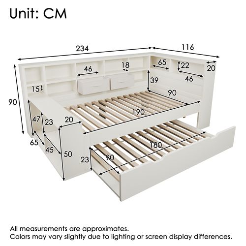 Lit Gigogne 90x190+90x180 Cm, 2 Tiroirs,13 Niches, Ports USB Et Type-c, Bois, Blanc