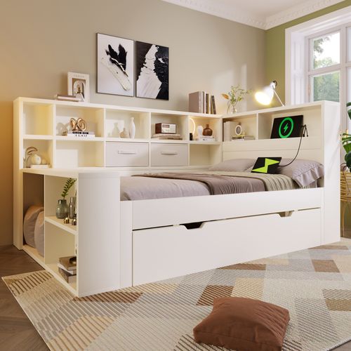 Lit Gigogne 90x190+90x180 Cm, 2 Tiroirs,13 Niches, Ports USB Et Type-c, Bois, Blanc