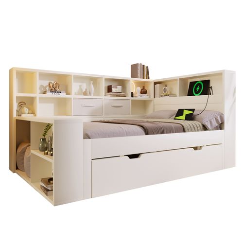 Lit Gigogne 90x190+90x180 Cm, 2 Tiroirs,13 Niches, Ports USB Et Type-c, Bois, Blanc