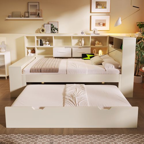 Lit Gigogne 90x190+90x180 Cm, 2 Tiroirs,13 Niches, Ports USB Et Type-c, Bois, Blanc