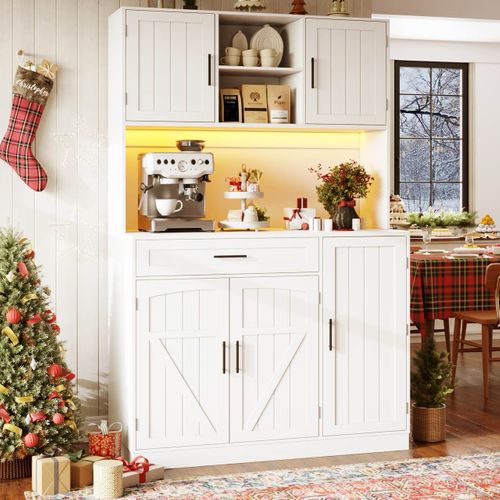 Buffet Haut De Cuisine 110x38x180 Cm, Grand Rangement Avec LED Et Prise, Mdf Et Métal, Blanc