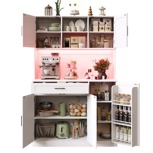 Buffet Haut De Cuisine 110x38x180 Cm, Grand Rangement Avec LED Et Prise, Mdf Et Métal, Blanc