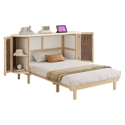 Lit Double Vertical 140x200 Cm, 2 Portes En Rotin, Gain De Place, Couleur Bois+blanc