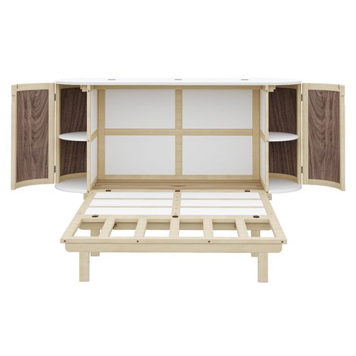 Lit Double Vertical 140x200 Cm, 2 Portes En Rotin, Gain De Place, Couleur Bois+blanc