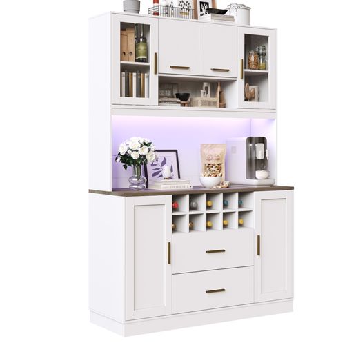 Buffet Haut De Cuisine 120x36,3x180 Cm, Éclairage LED Et Prise, Mdf, Métal, Blanc