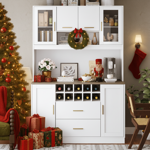 Buffet Haut De Cuisine 120x36,3x180 Cm, Éclairage LED Et Prise, Mdf, Métal, Blanc