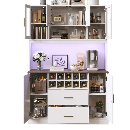 Buffet Haut De Cuisine 120x36,3x180 Cm, Éclairage LED Et Prise, Mdf, Métal, Blanc