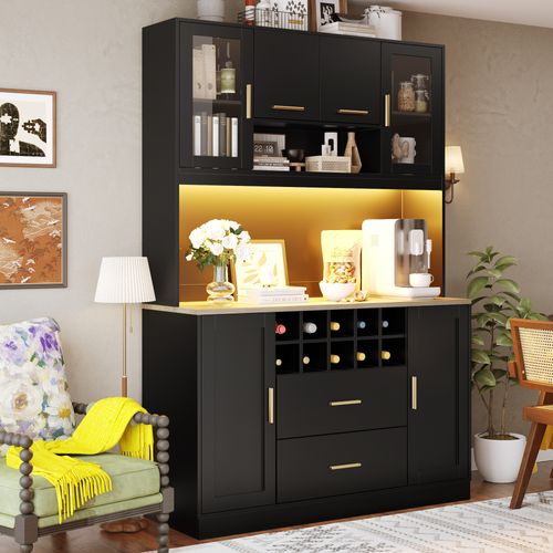 Buffet Haut De Cuisine 120x36,3x180 Cm, LED, Prise Avec USB, Grand Rangement, Mdf Et Métal, Noir