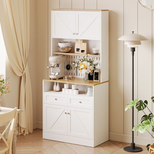 Buffet Haut 80x40x175 Cm, 4 Portes Style Grange Et Panneau Perforé, 2 Tiroirs, Mdf, Pb, Blanc+bois