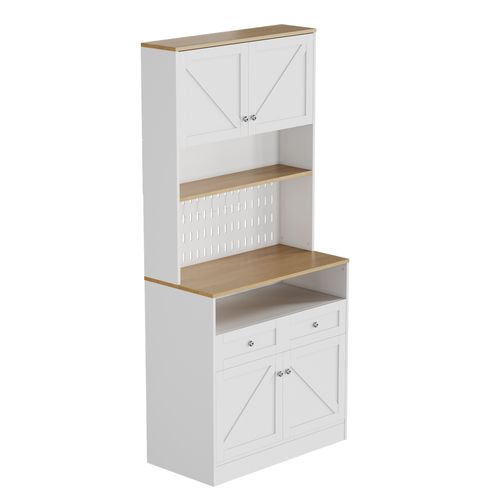 Buffet Haut 80x40x175 Cm, 4 Portes Style Grange Et Panneau Perforé, 2 Tiroirs, Mdf, Pb, Blanc+bois