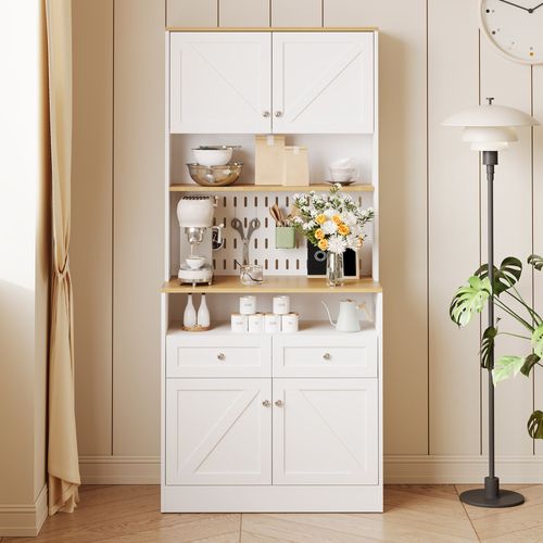 Buffet Haut 80x40x175 Cm, 4 Portes Style Grange Et Panneau Perforé, 2 Tiroirs, Mdf, Pb, Blanc+bois