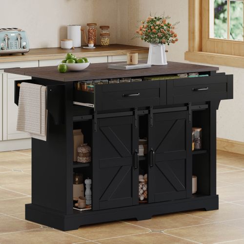 Îlot De Cuisine 120x45(70)x91 Cm, Style Grange Avec Plateau Rabattable Extensible, Mdf, Noir+brun