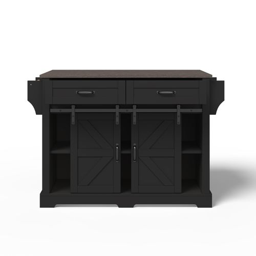 Îlot De Cuisine 120x45(70)x91 Cm, Style Grange Avec Plateau Rabattable Extensible, Mdf, Noir+brun