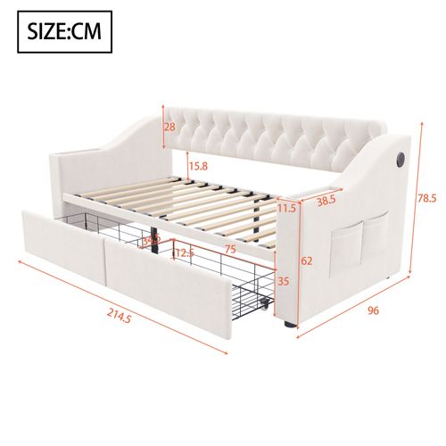 Lit Enfant 90x190 Cm, 2 Tiroirs Et Ports USB, Accoudoirs Larges, Revêtement En Velours, Beige