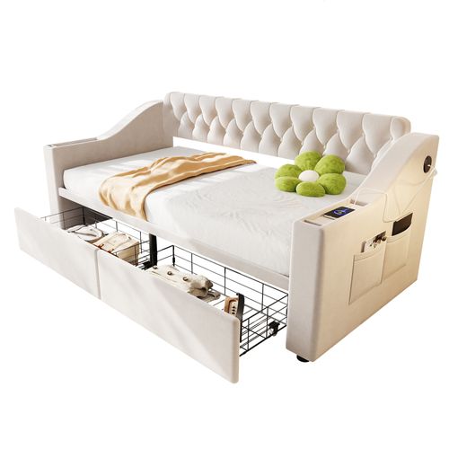 Lit Enfant 90x190 Cm, 2 Tiroirs Et Ports USB, Accoudoirs Larges, Revêtement En Velours, Beige