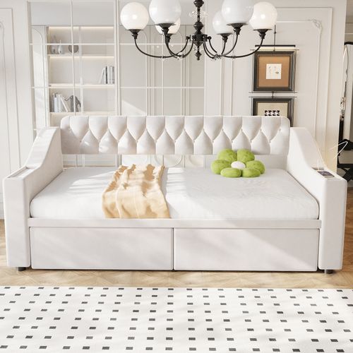 Lit Enfant 90x190 Cm, 2 Tiroirs Et Ports USB, Accoudoirs Larges, Revêtement En Velours, Beige