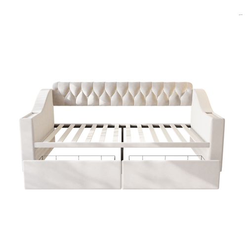 Lit Enfant 90x190 Cm, 2 Tiroirs Et Ports USB, Accoudoirs Larges, Revêtement En Velours, Beige