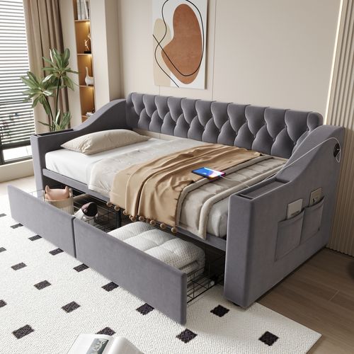 Lit Enfant 90x190 Cm, 2 Tiroirs De Rangement, Accoudoirs, Ports USB, Velours, Gris Foncé