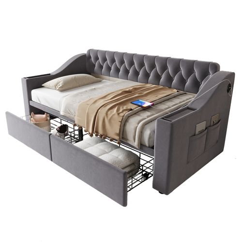 Lit Enfant 90x190 Cm, 2 Tiroirs De Rangement, Accoudoirs, Ports USB, Velours, Gris Foncé