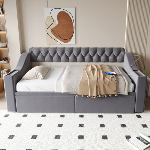 Lit Enfant 90x190 Cm, 2 Tiroirs De Rangement, Accoudoirs, Ports USB, Velours, Gris Foncé